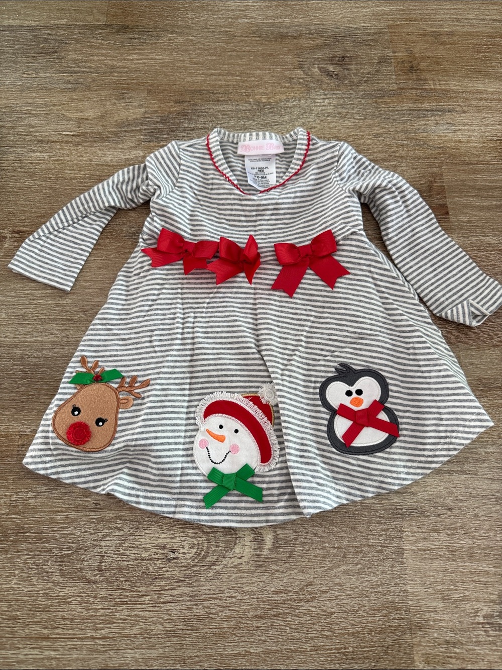 Bonnie Baby Gray & White Stripe Dress with Red Bows and Holiday Appliques